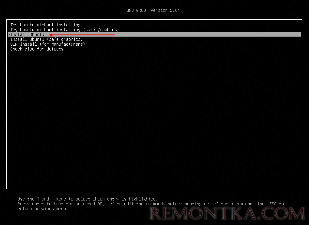В списке выбираю пункт «Install Ubuntu» и нажимаю на кнопку Enter.