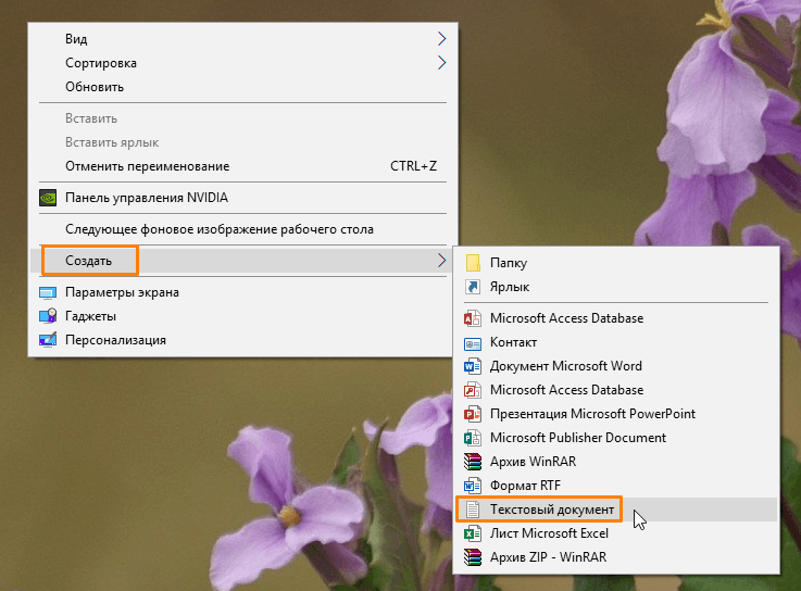 «Создать» – «Текстовый документ».
