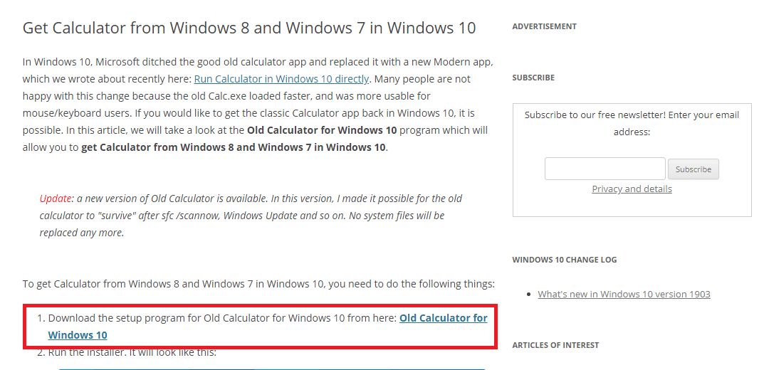 Загрузка старой версии калькулятора в Windows 10