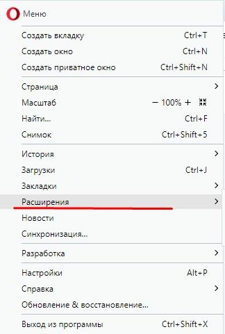 Расширения Opera в меню 