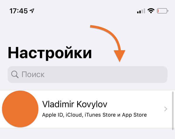 Поиск в системных настройках iOS на Айфоне