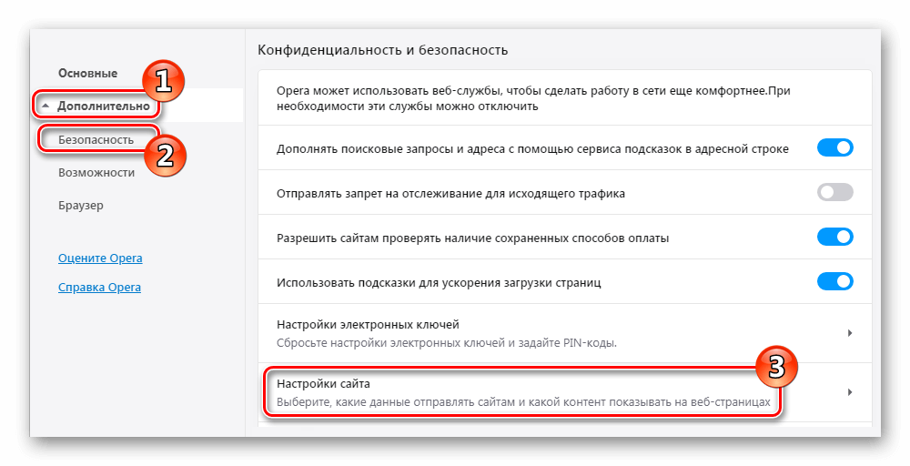 Раздел Конфиденциальность и безопасность в настройках Opera 