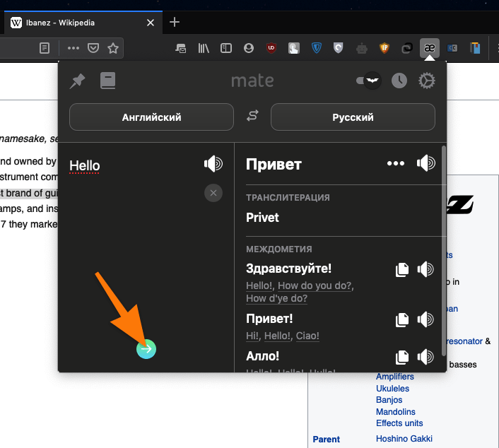 Интерфейс Mate Translate плагин переводчик