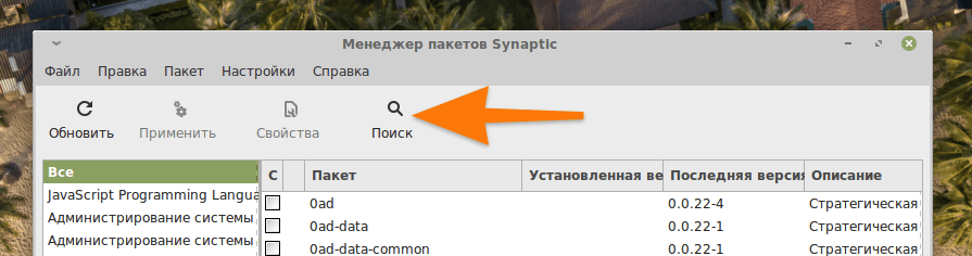 Интерфейс менеджера пакетов Synaptic