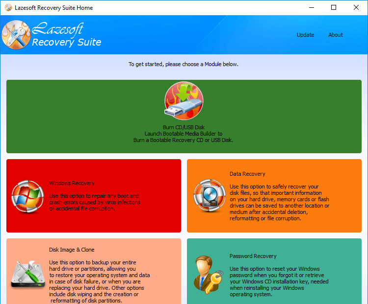 Главное окно Lazesoft Recovery Suite