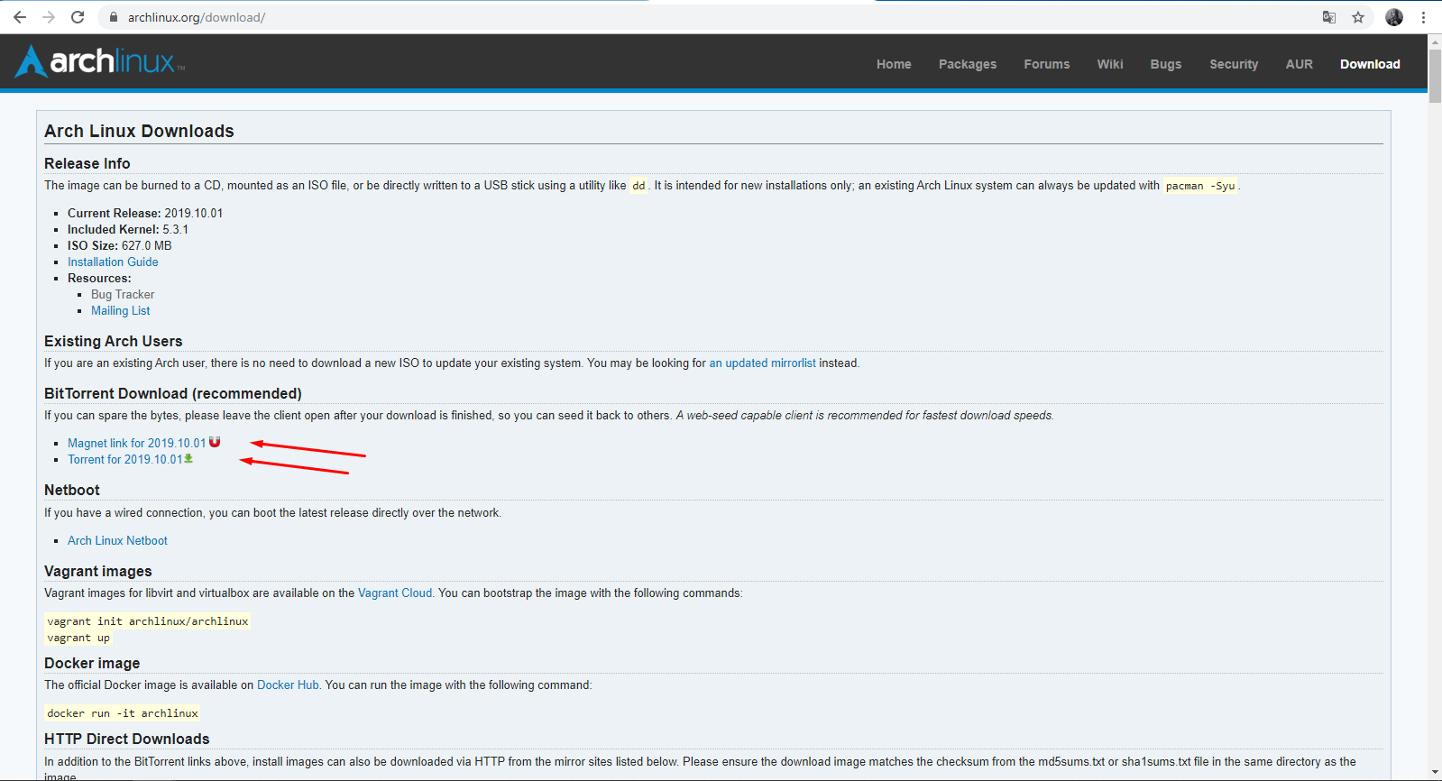 Ссылки на скачивание образа Arch на официальном сайте