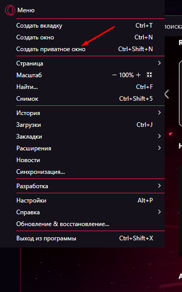 Открытие приватного окна в браузере Opera GX
