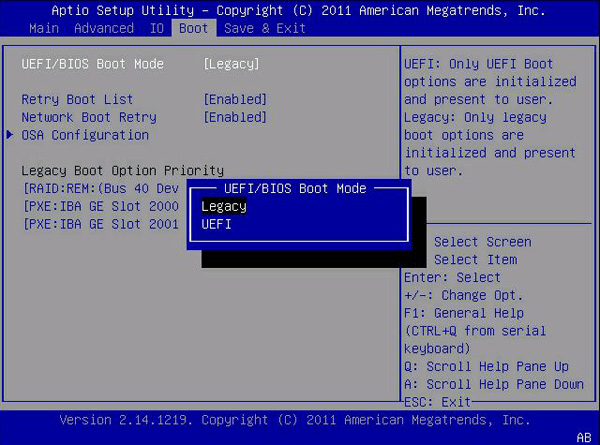 Изменение режима загрузки Boot Mode в BIOS